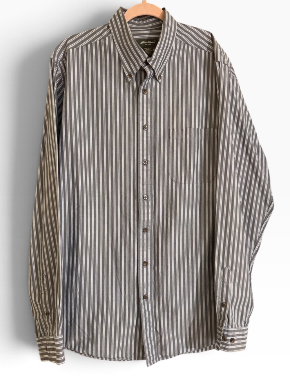 Eddie Bauer Gray White Vertical Striped Long Sleeve Button Up  Sz Large Tal